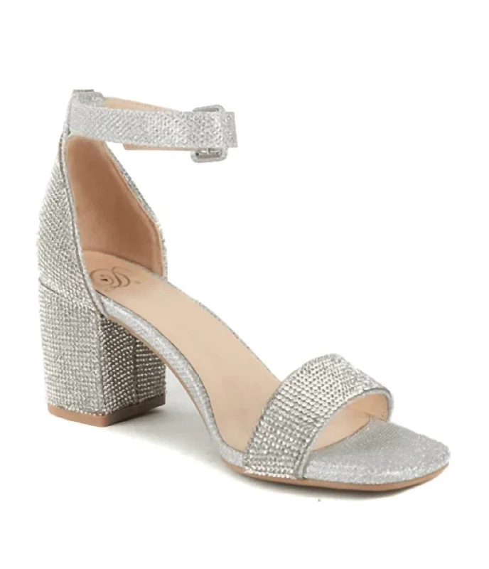 Crete Block Heel Rhinestone Ankle Strap Prom Sandals In Silver