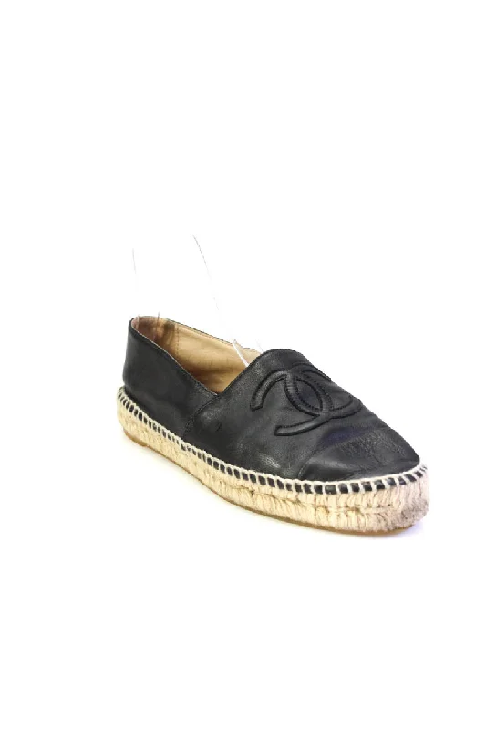 Chanel Womens Slip On Interlocking CC Espadrilles Loafers Black Soft Leather 37