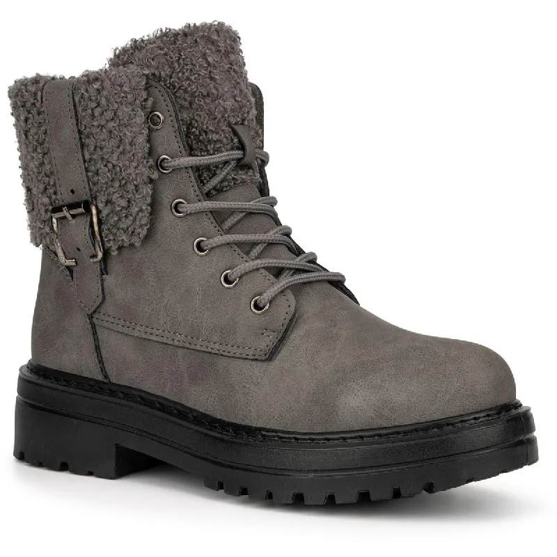 Olivia Miller Womens Nicolette  Faux Fur Lugged Sole Combat & Lace-up Boots