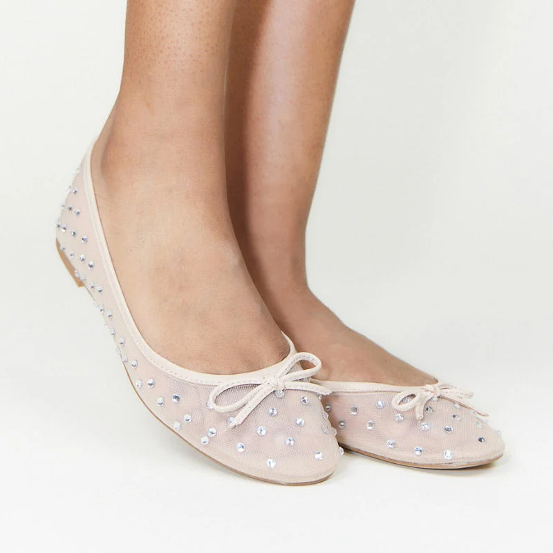 Sadie Ballet Flat in Beige Crystal Mesh