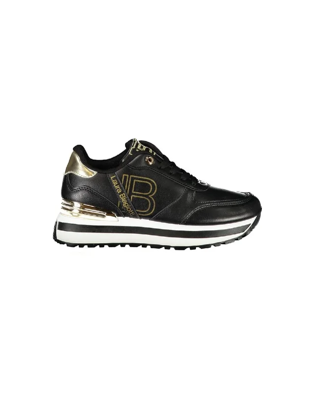 Laura Biagiotti  Women's Black Platform Sneakers     Gold Logo Platform Sneakers    Women's Casual Platform Sneakers - Black & Gold