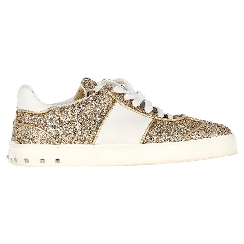 Valentino Glitter Flycrew Lace Up Sneakers in Gold Glitter/Leather