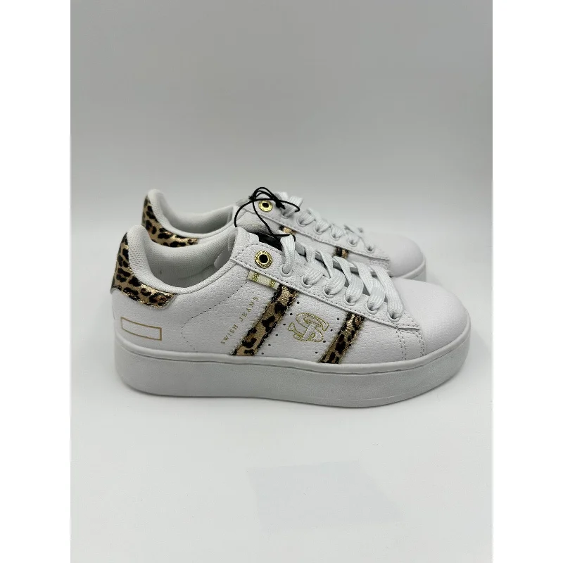 Women's Size 6.5, White Casual Sneakers with Gold and Leopard Accents