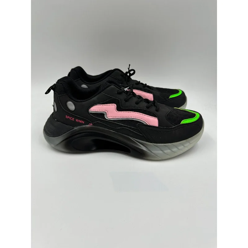 Women's Size 7.5, 90s Style Black Casual Sneaker with Pink and Green Accents