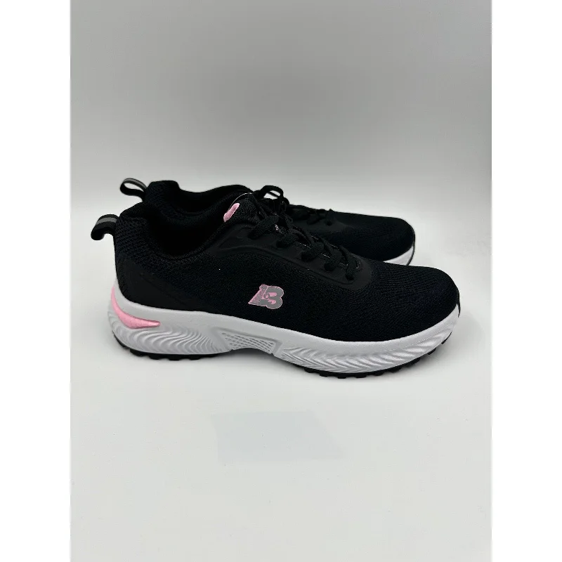 Women's Size 7, Black Knit Running Sneakers with Pink Accents and White Soles